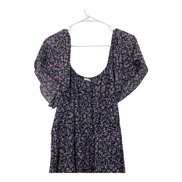 Time And Tru Women XL Floral Midi Dress Flutter Sleeves Navy Purple Lightweight - Picture 8 of 13